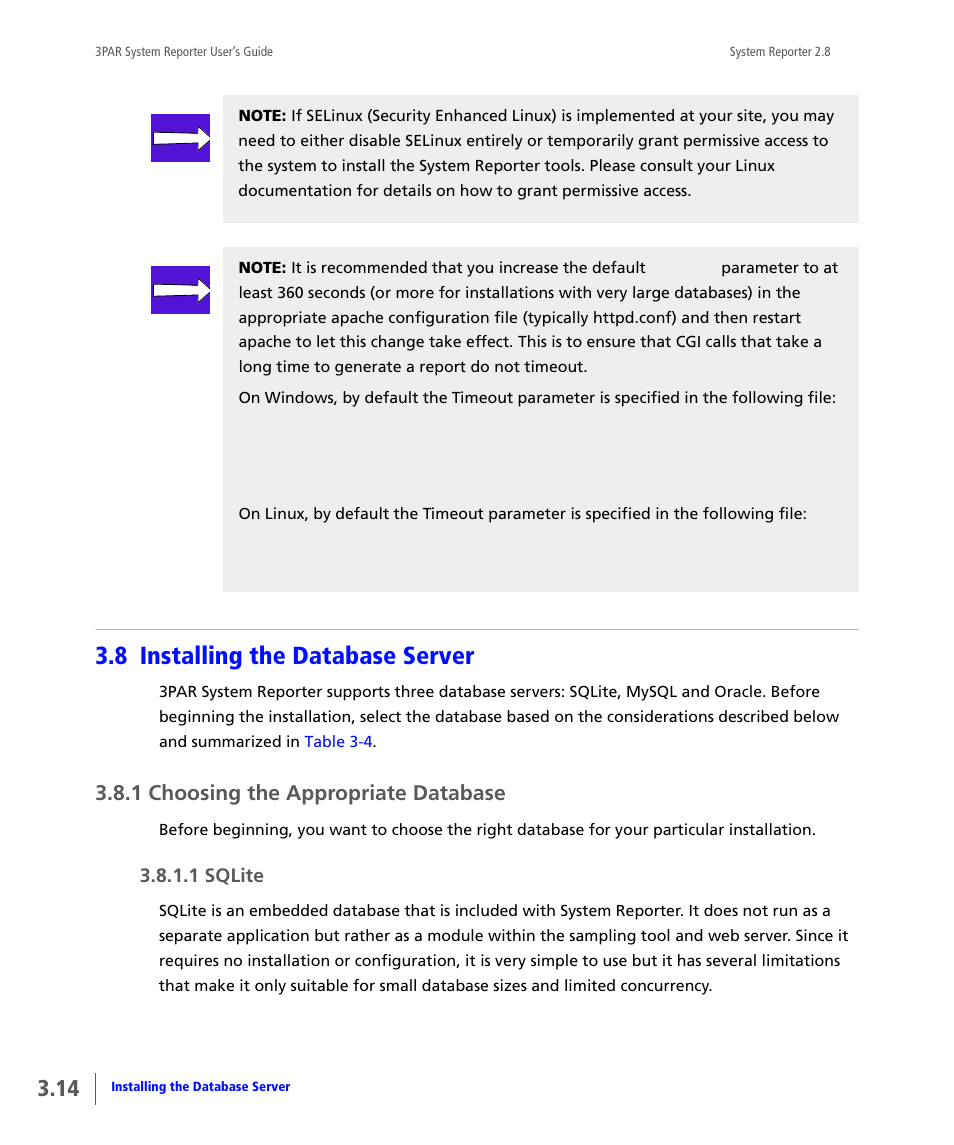 8 installing the database server, 1 choosing the appropriate database, 1 sqlite | Installing the database server, Choosing the appropriate database, Sqlite, 8 installing the, Database server | HP 3PAR System Reporter Software User Manual | Page 50 / 378