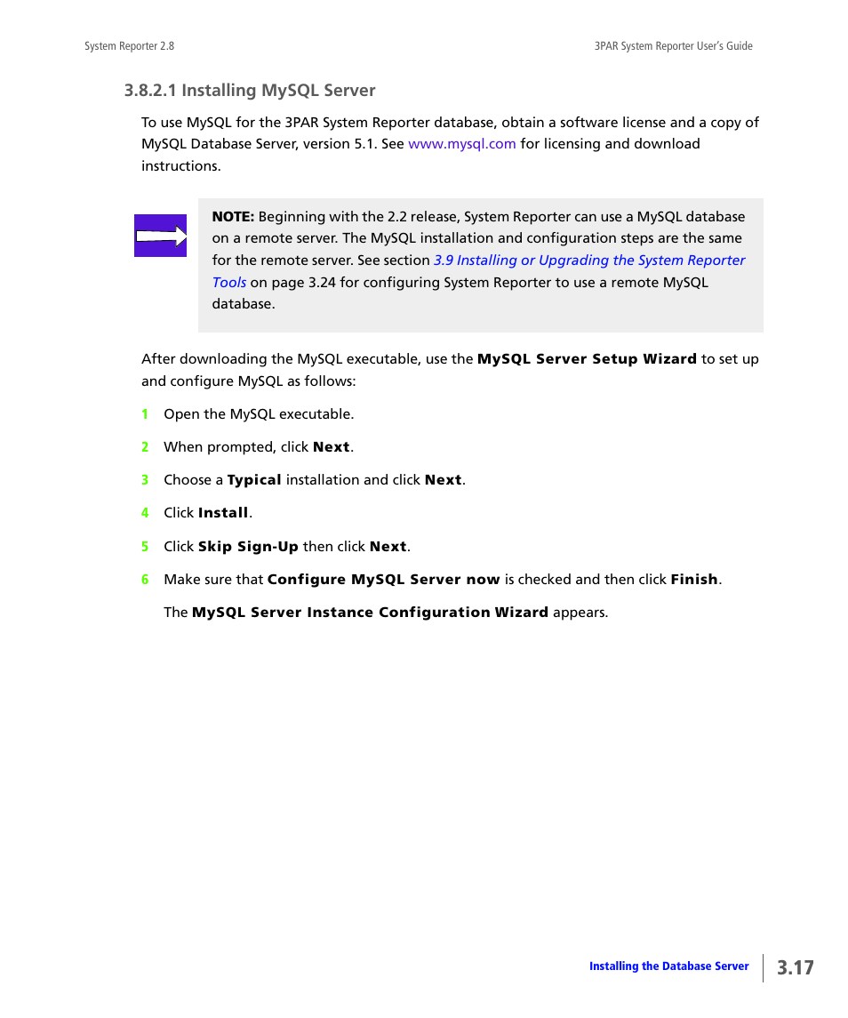 1 installing mysql server, Installing mysql server | HP 3PAR System Reporter Software User Manual | Page 53 / 378