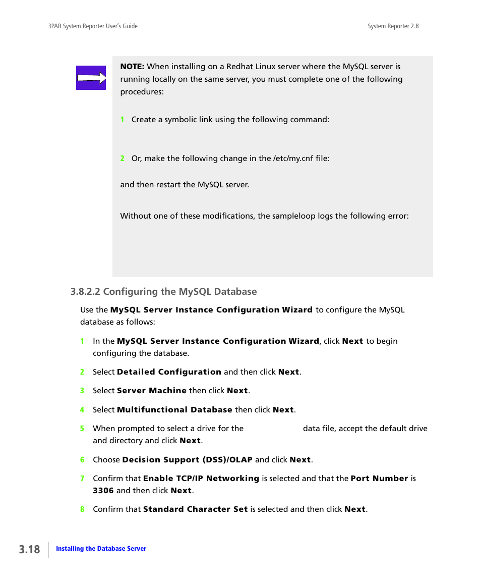 2 configuring the mysql database, Configuring the mysql database | HP 3PAR System Reporter Software User Manual | Page 54 / 378