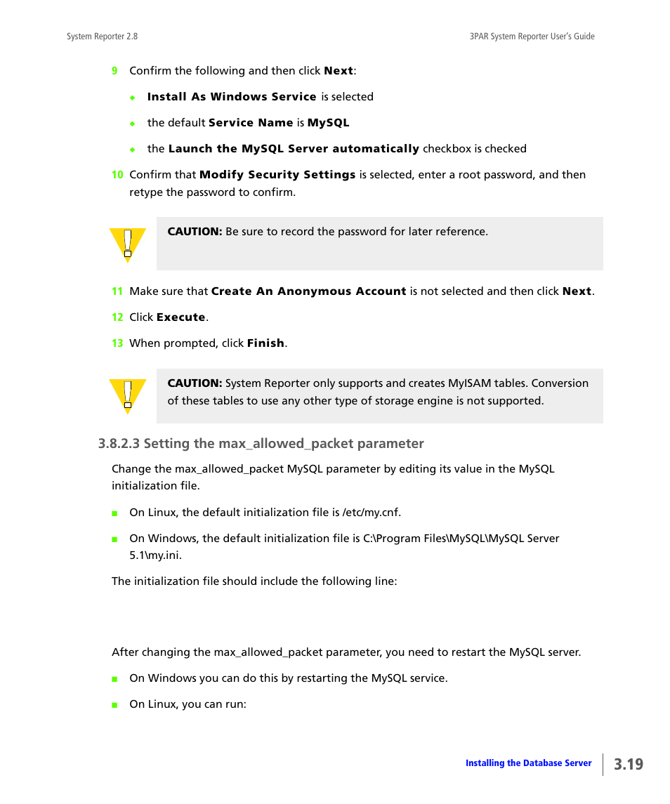 3 setting the max_allowed_packet parameter, Setting the max_allowed_packet parameter | HP 3PAR System Reporter Software User Manual | Page 55 / 378