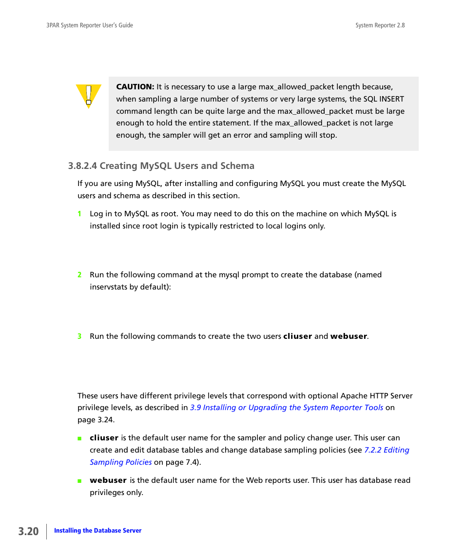 4 creating mysql users and schema, Creating mysql users and schema | HP 3PAR System Reporter Software User Manual | Page 56 / 378