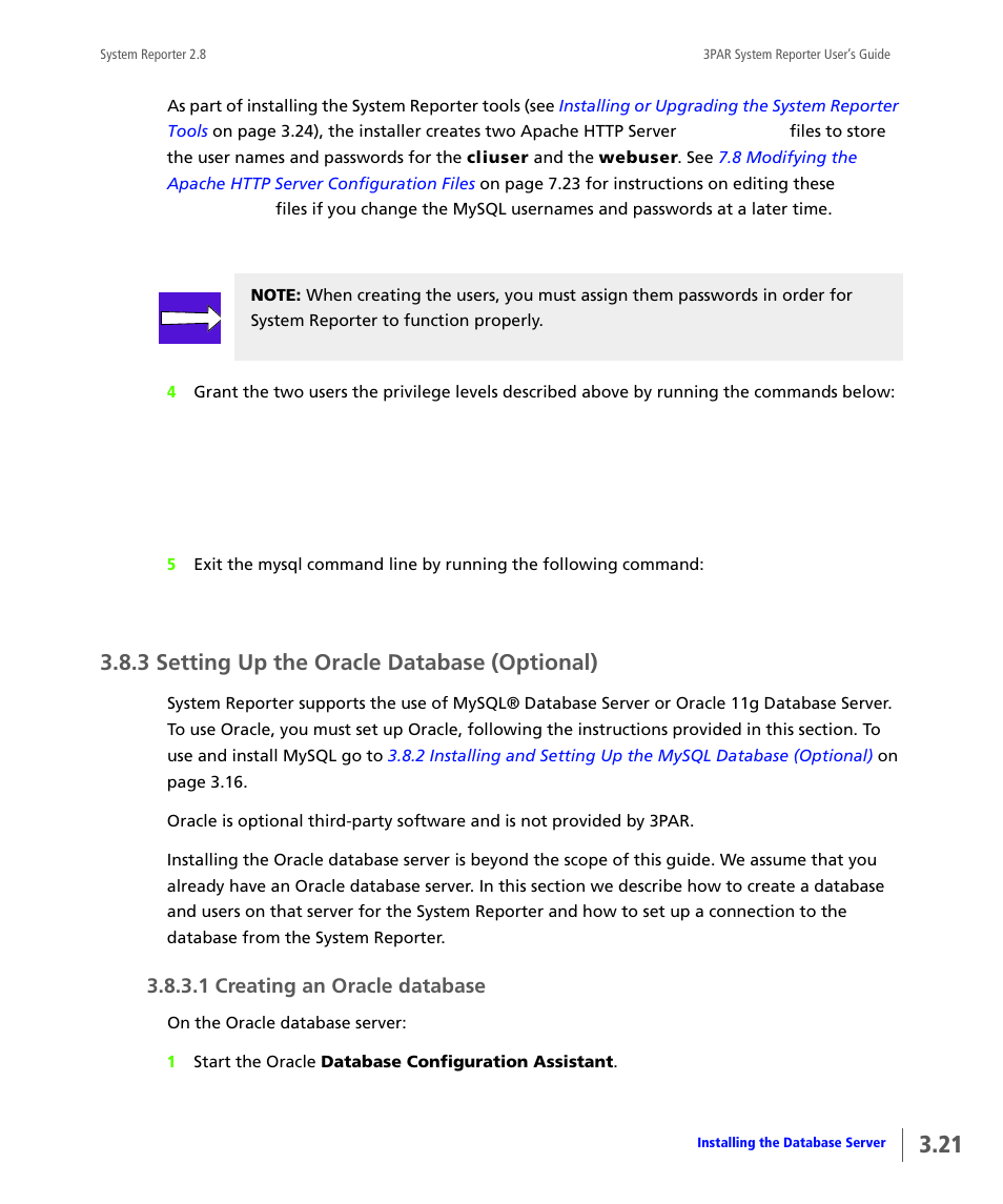 3 setting up the oracle database (optional), 1 creating an oracle database, Setting up the oracle database (optional) | Creating an oracle database | HP 3PAR System Reporter Software User Manual | Page 57 / 378