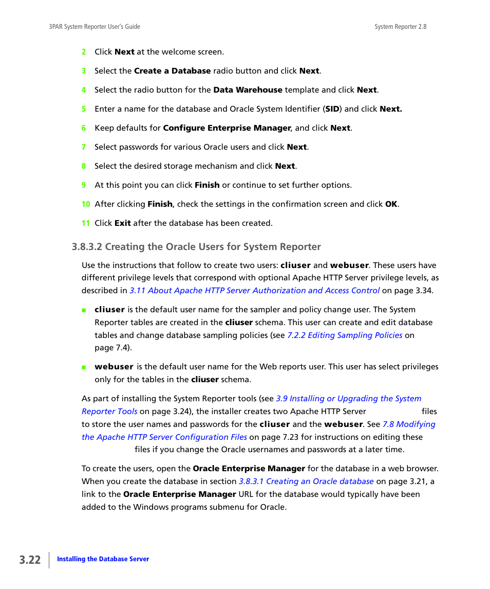 2 creating the oracle users for system reporter, Creating the oracle users for system reporter | HP 3PAR System Reporter Software User Manual | Page 58 / 378
