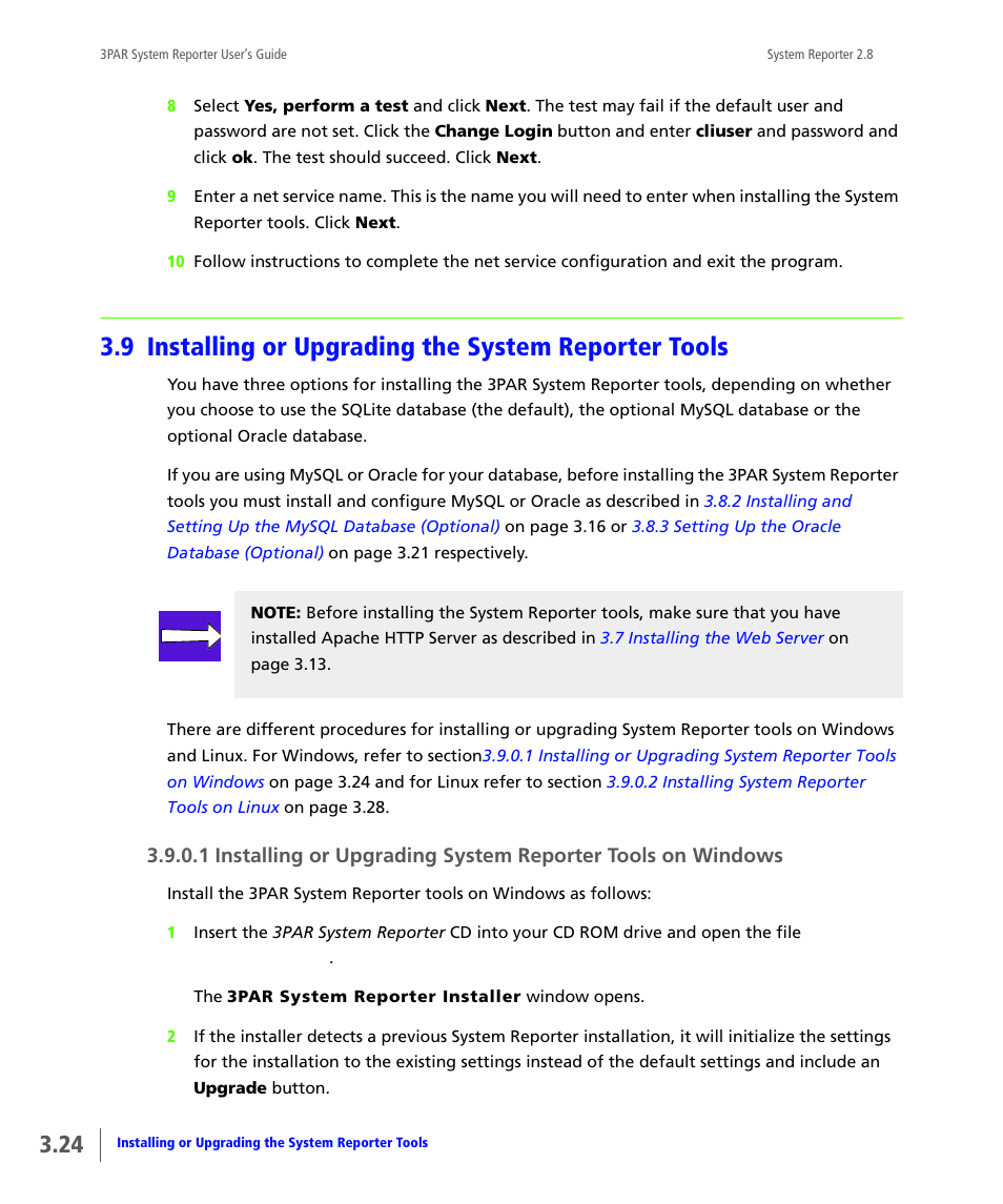 Installing or upgrading the system reporter tools, Section, 9 installing or upgrading the system reporter | Tools, Installing or upgrading the system reporter, 9 installing or upgrading the system, Reporter tools | HP 3PAR System Reporter Software User Manual | Page 60 / 378