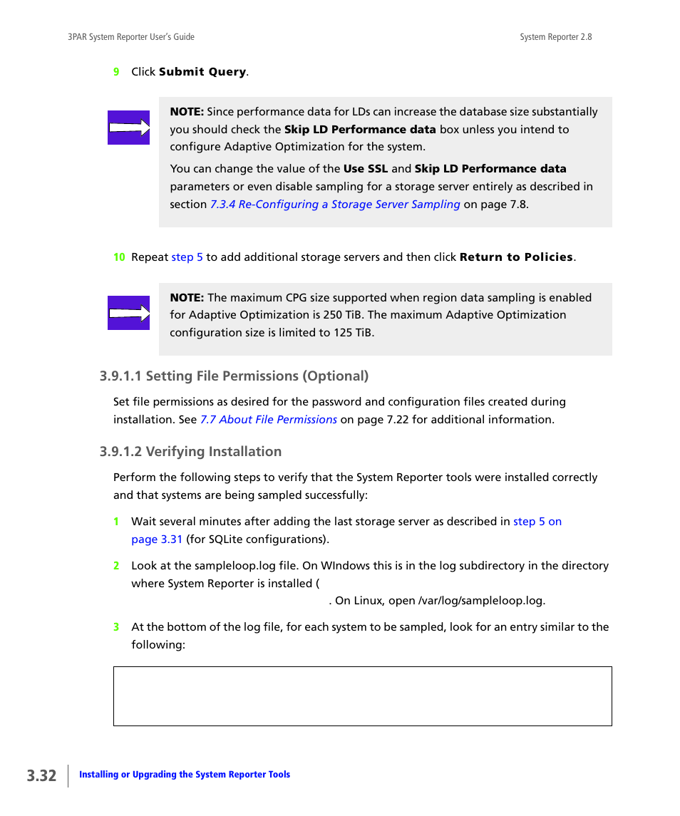 1 setting file permissions (optional), 2 verifying installation, Setting file permissions (optional) | Verifying installation | HP 3PAR System Reporter Software User Manual | Page 68 / 378