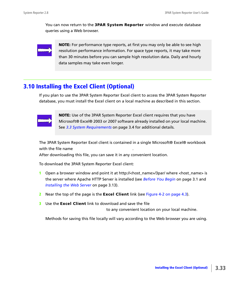10 installing the excel client (optional), Installing the excel client (optional) | HP 3PAR System Reporter Software User Manual | Page 69 / 378