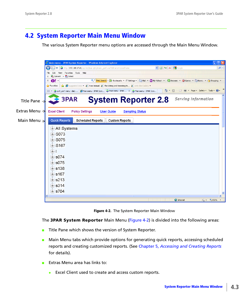 2 system reporter main menu window, System reporter main menu window | HP 3PAR System Reporter Software User Manual | Page 77 / 378