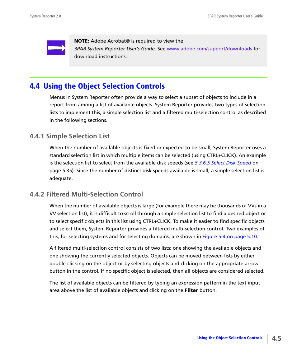 4 using the object selection controls, 1 simple selection list, 2 filtered multi-selection control | Using the object selection controls, Simple selection list, Filtered multi-selection control | HP 3PAR System Reporter Software User Manual | Page 79 / 378