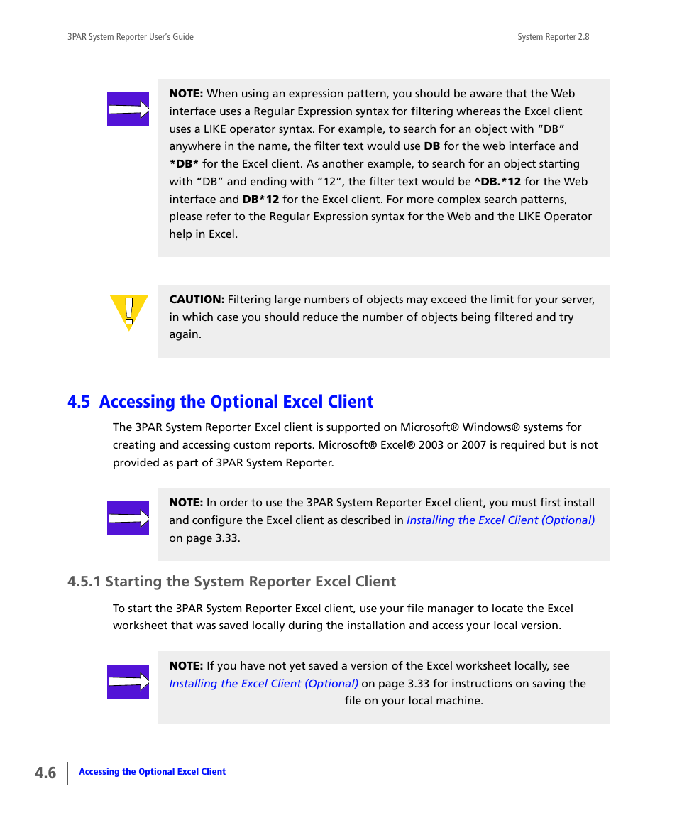 5 accessing the optional excel client, 1 starting the system reporter excel client, Accessing the optional excel client | Starting the system reporter excel client | HP 3PAR System Reporter Software User Manual | Page 80 / 378