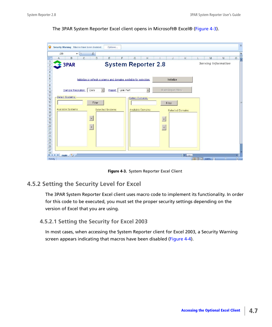 2 setting the security level for excel, 1 setting the security for excel 2003, Setting the security level for excel | Setting the security for excel 2003 | HP 3PAR System Reporter Software User Manual | Page 81 / 378