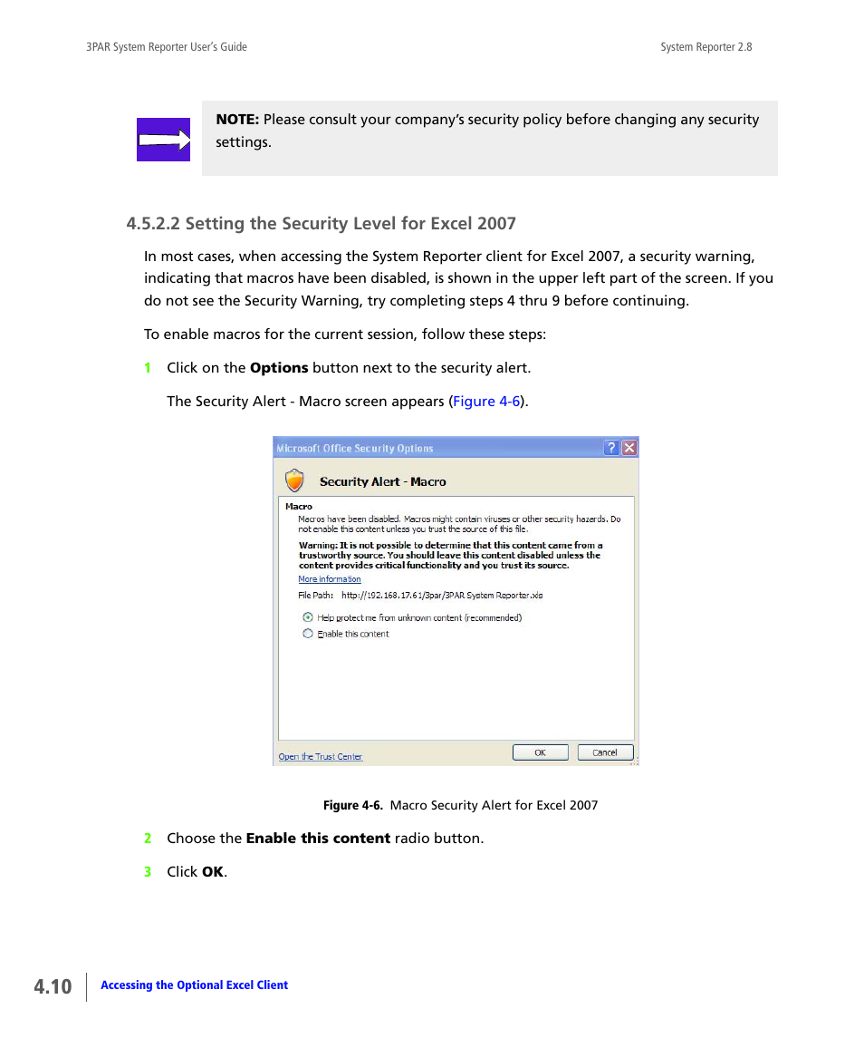 2 setting the security level for excel 2007, Setting the security level for excel 2007 | HP 3PAR System Reporter Software User Manual | Page 84 / 378