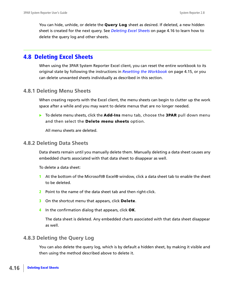 8 deleting excel sheets, 1 deleting menu sheets, 2 deleting data sheets | 3 deleting the query log, Deleting excel sheets, Deleting menu sheets, Deleting data sheets, Deleting the query log | HP 3PAR System Reporter Software User Manual | Page 90 / 378