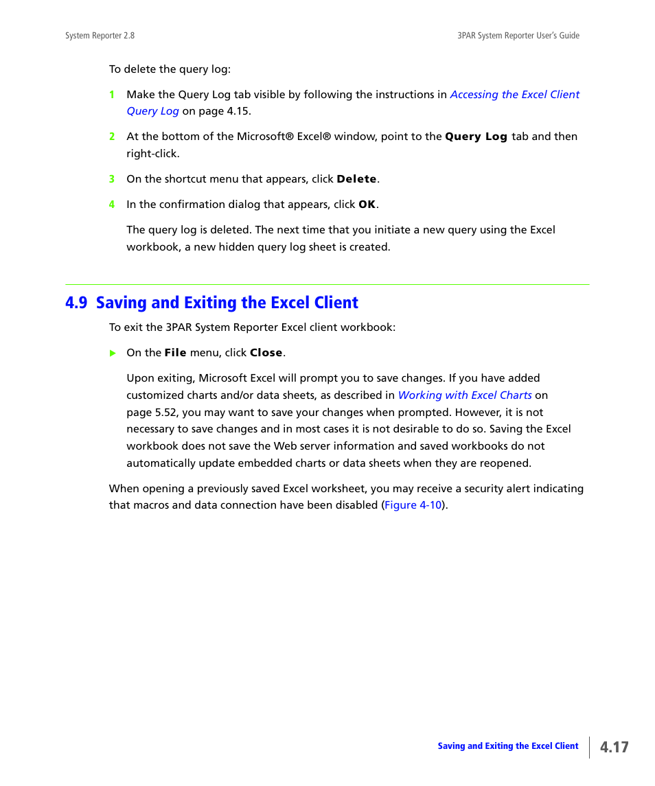 9 saving and exiting the excel client, Saving and exiting the excel client, Saving and exiting the excel | Client | HP 3PAR System Reporter Software User Manual | Page 91 / 378