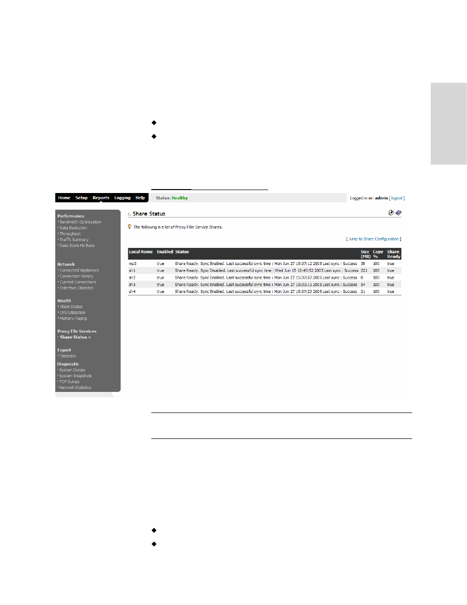 Viewing pfs share status reports, What this report tells you, Viewing pfs share name-of- share reports | Information, see | HP StorageWorks Enterprise File Services WAN Accelerator User Manual | Page 149 / 186