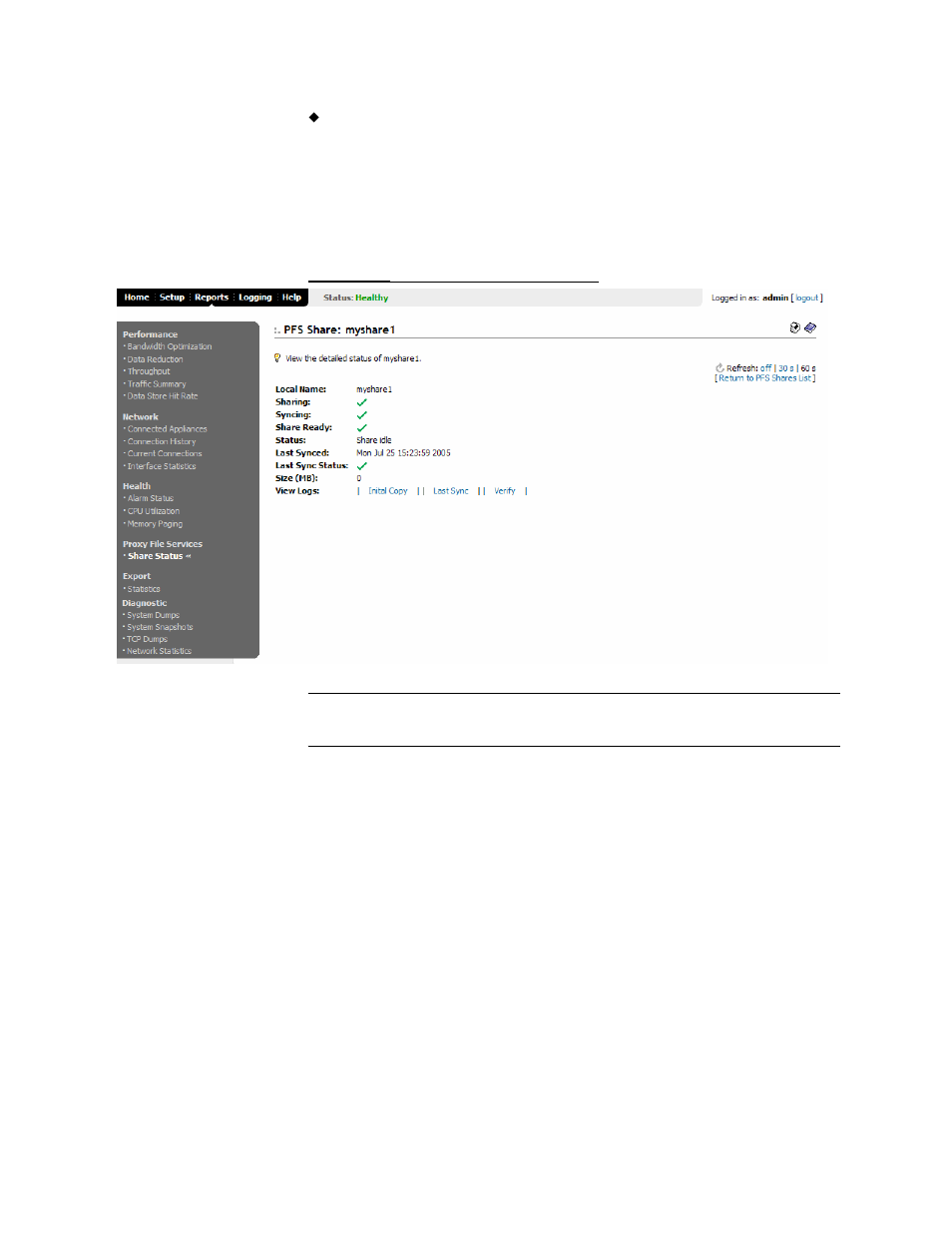 Viewing pfs share: log contents file report | HP StorageWorks Enterprise File Services WAN Accelerator User Manual | Page 150 / 186