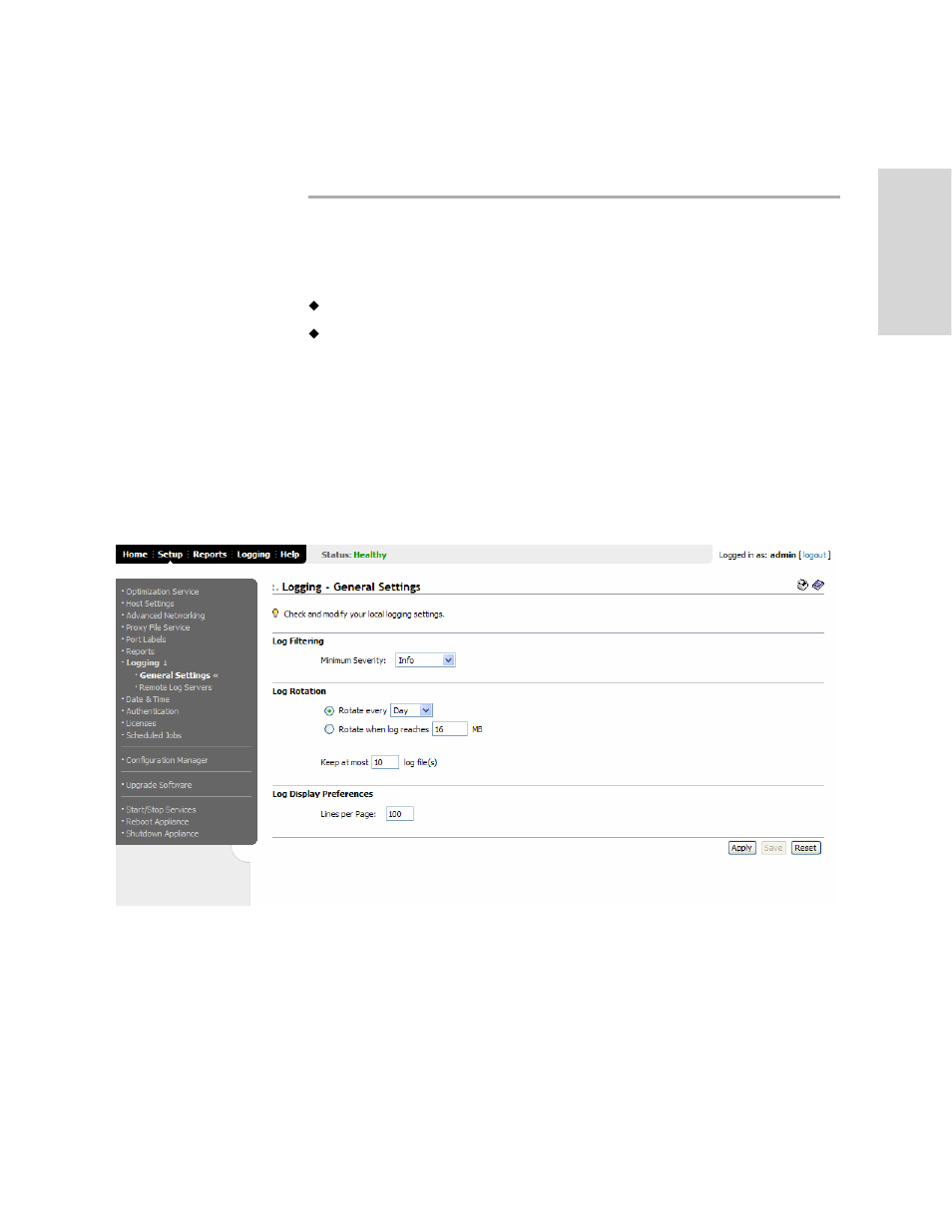 Setting logging options, Setting local logging | HP StorageWorks Enterprise File Services WAN Accelerator User Manual | Page 97 / 186