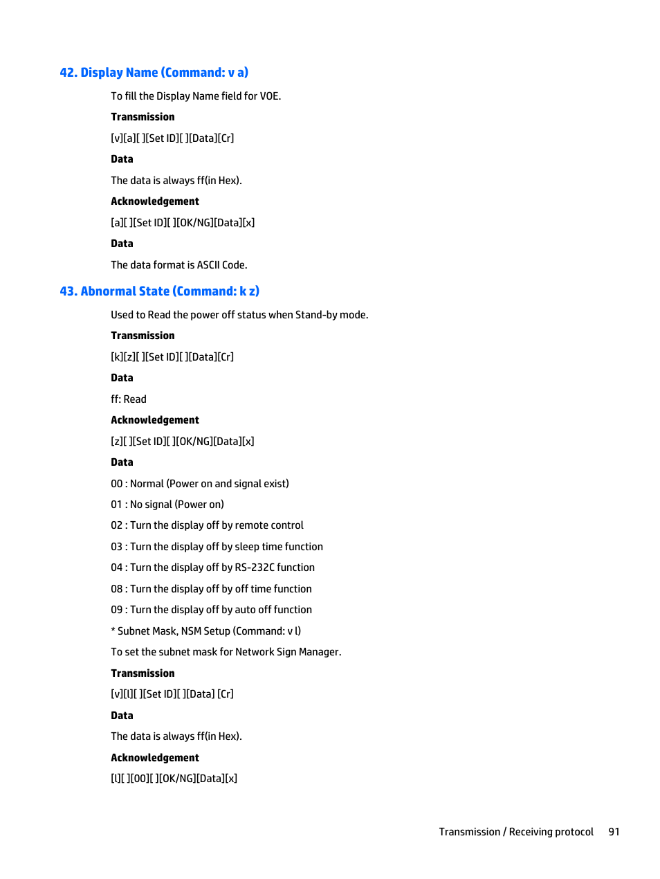 Display name (command: v a), Abnormal state (command: k z) | HP LD5535 55-inch LED Digital Signage Display User Manual | Page 101 / 106