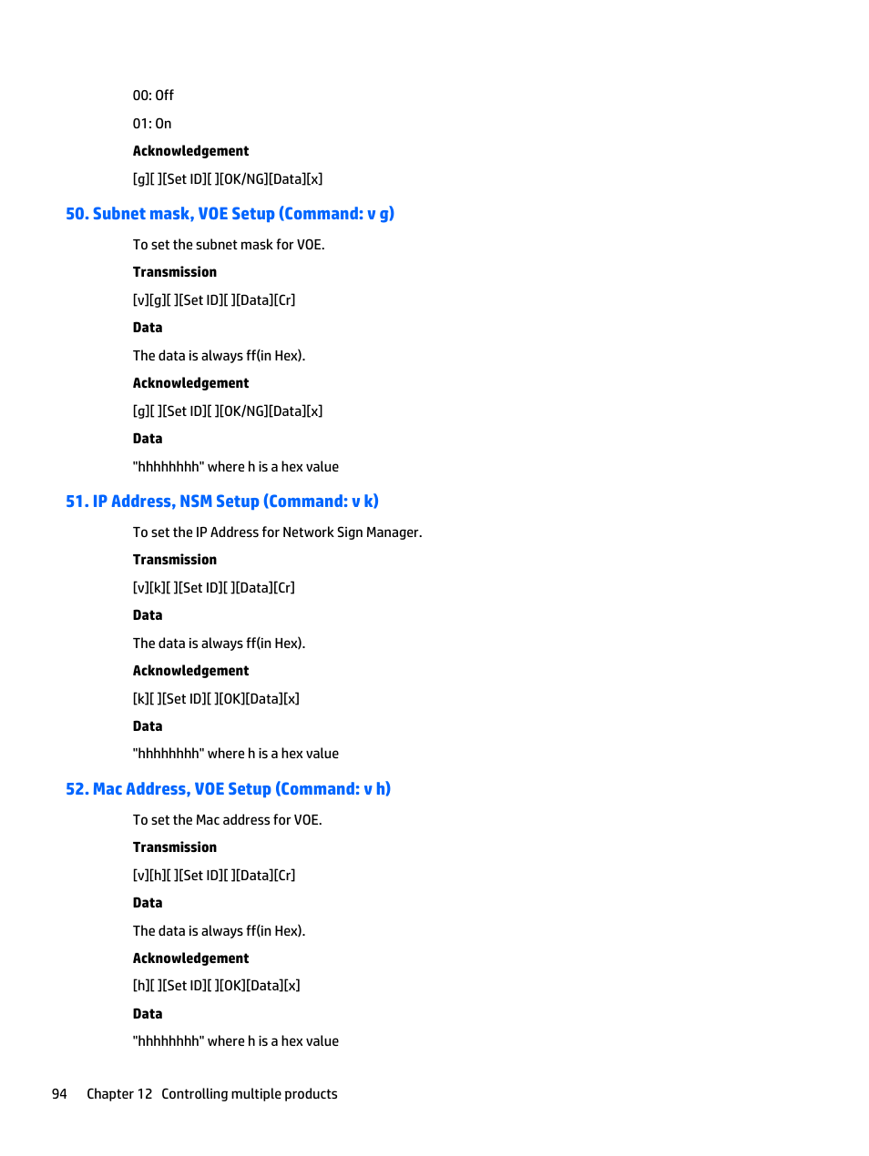 Subnet mask, voe setup (command: v g), Ip address, nsm setup (command: v k), Mac address, voe setup (command: v h) | HP LD5535 55-inch LED Digital Signage Display User Manual | Page 104 / 106