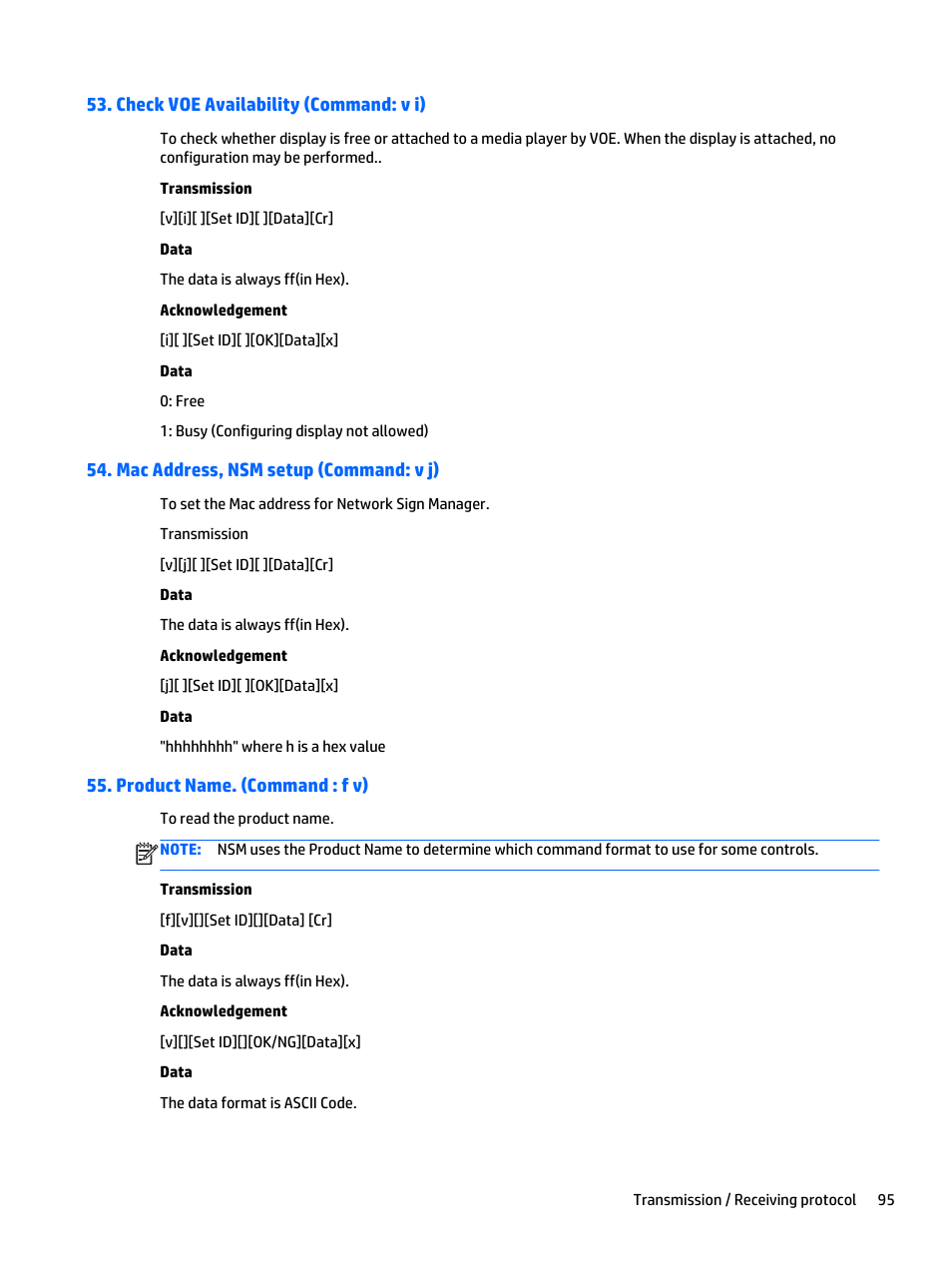 Check voe availability (command: v i), Mac address, nsm setup (command: v j), Product name. (command : f v) | HP LD5535 55-inch LED Digital Signage Display User Manual | Page 105 / 106