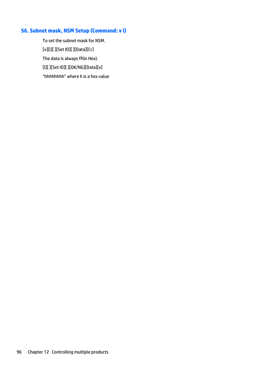 Subnet mask, nsm setup (command: v l) | HP LD5535 55-inch LED Digital Signage Display User Manual | Page 106 / 106