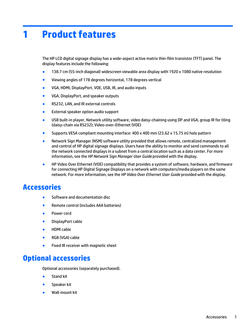 Product features, Accessories, Optional accessories | 1 product features, Accessories optional accessories, 1product features | HP LD5535 55-inch LED Digital Signage Display User Manual | Page 11 / 106