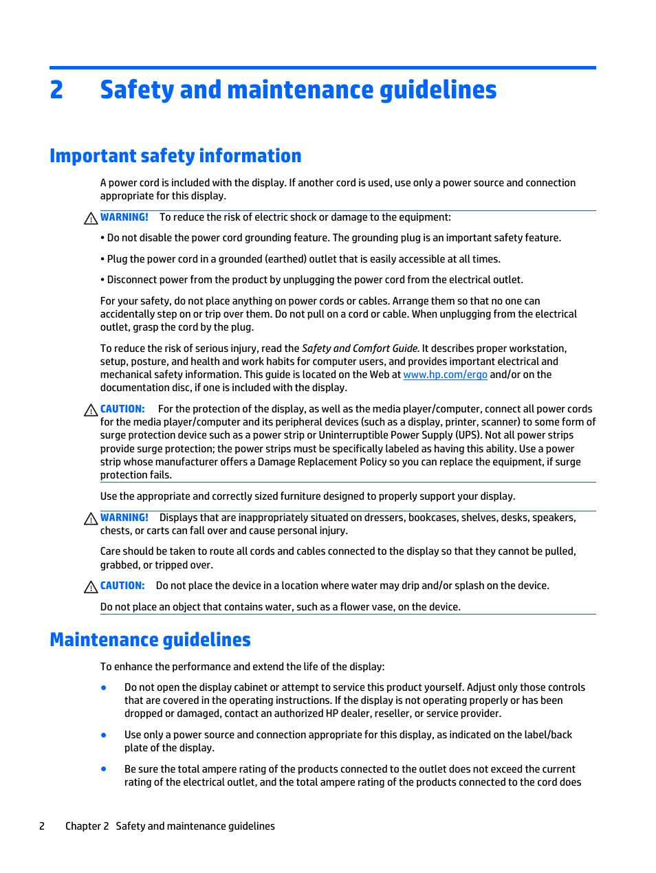 Safety and maintenance guidelines, Important safety information, Maintenance guidelines | 2 safety and maintenance guidelines, 2safety and maintenance guidelines | HP LD5535 55-inch LED Digital Signage Display User Manual | Page 12 / 106