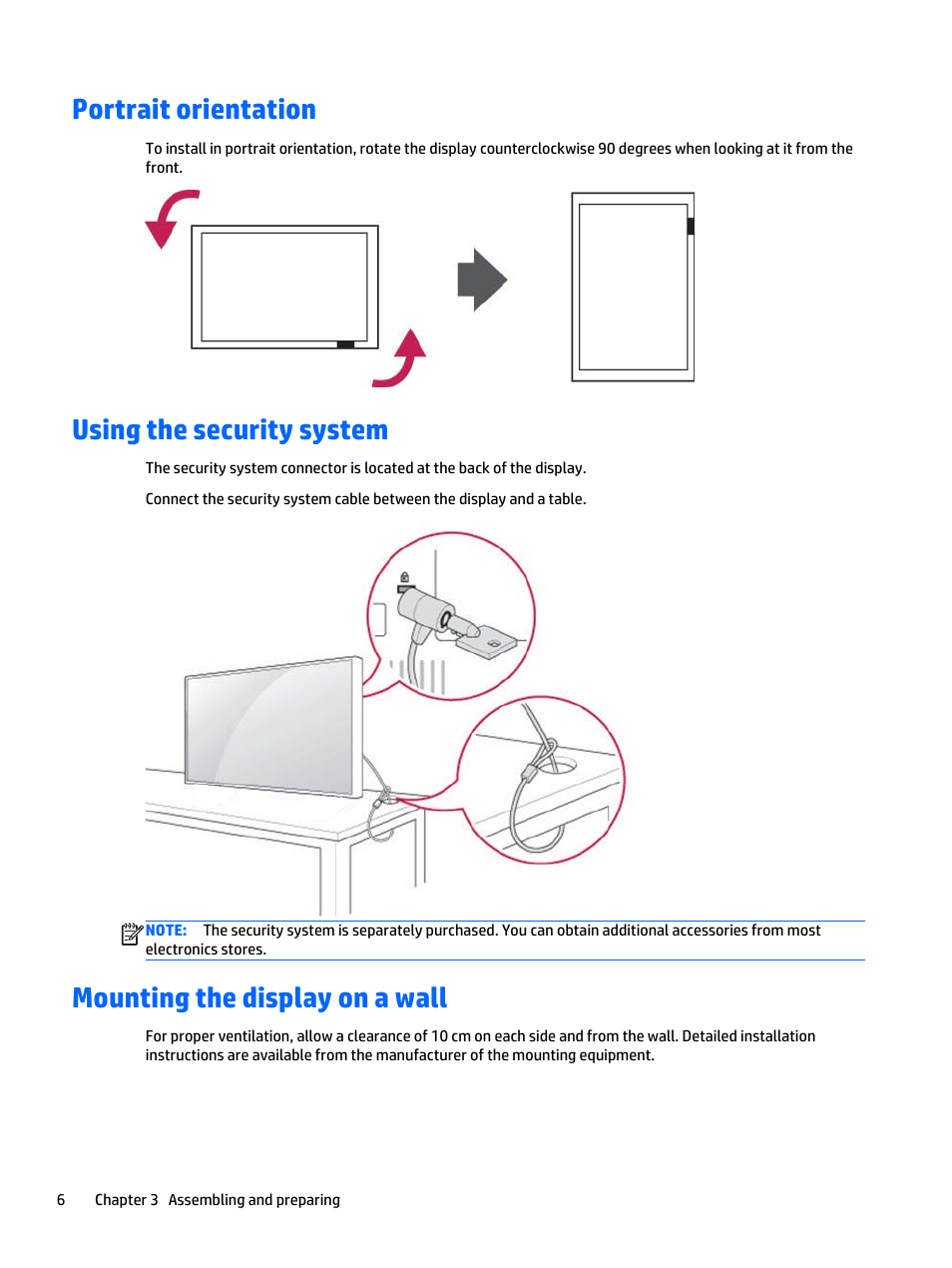 Portrait orientation, Using the security system, Mounting the display on a wall | HP LD5535 55-inch LED Digital Signage Display User Manual | Page 16 / 106