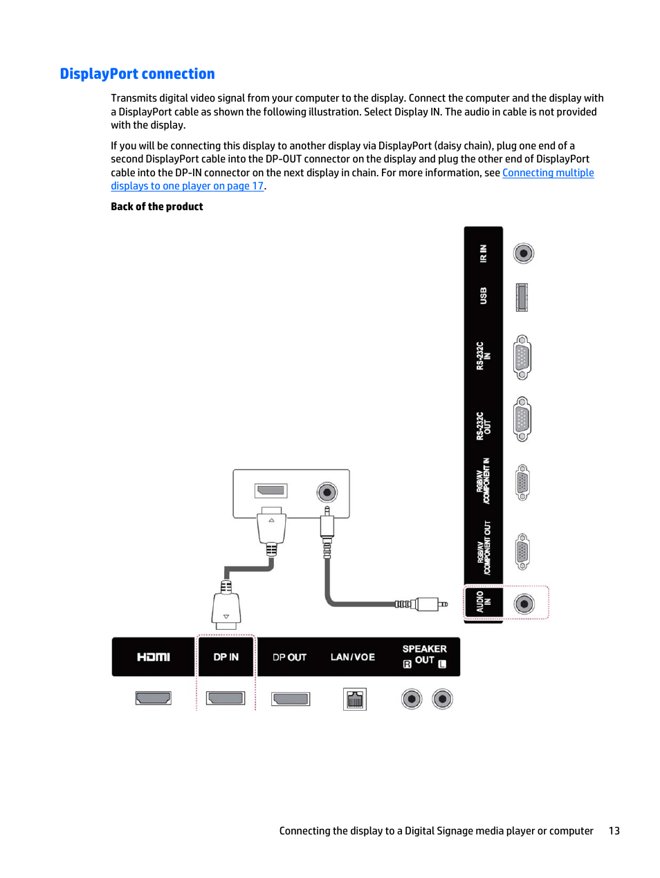 Displayport connection | HP LD5535 55-inch LED Digital Signage Display User Manual | Page 23 / 106