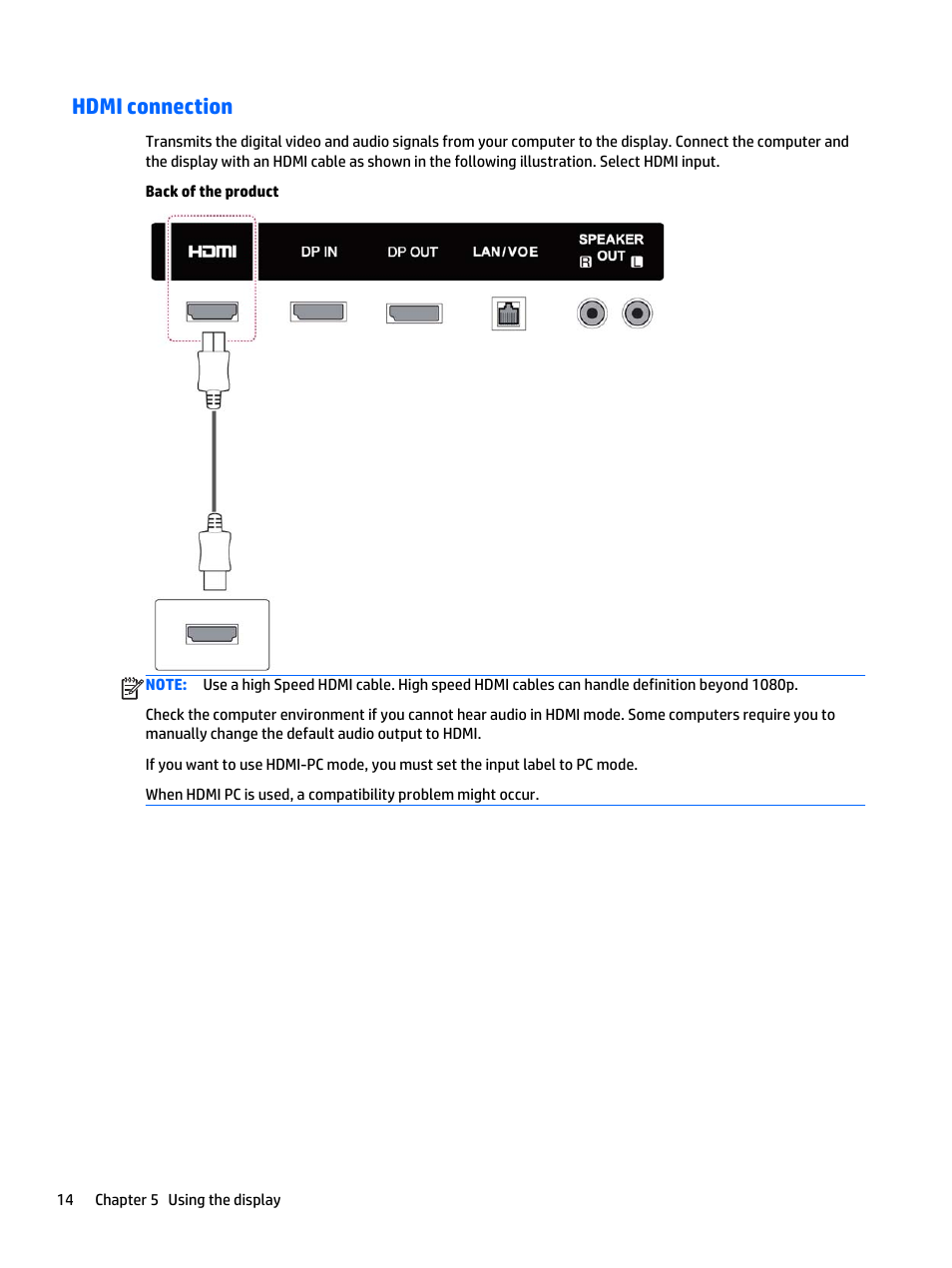 Hdmi connection | HP LD5535 55-inch LED Digital Signage Display User Manual | Page 24 / 106