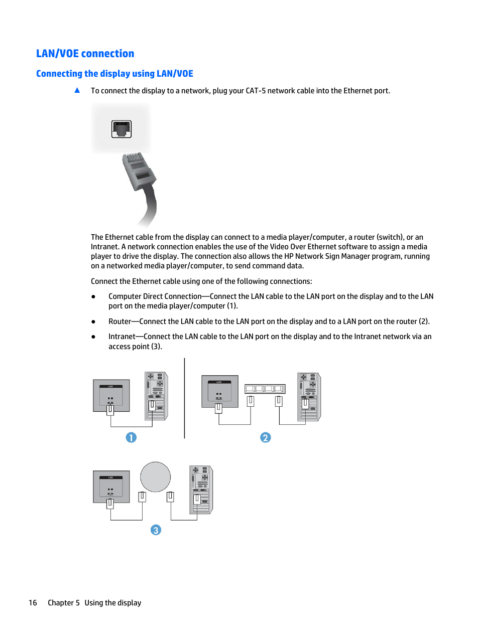 Lan/voe connection, Connecting the display using lan/voe | HP LD5535 55-inch LED Digital Signage Display User Manual | Page 26 / 106