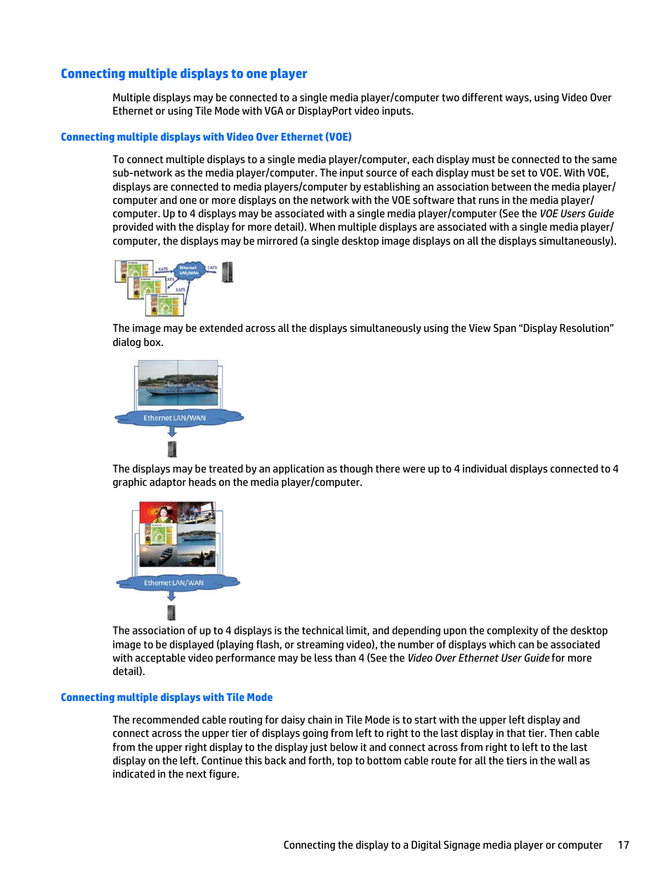 Connecting multiple displays to one player, Connecting multiple displays with tile mode, Connecting multiple | HP LD5535 55-inch LED Digital Signage Display User Manual | Page 27 / 106
