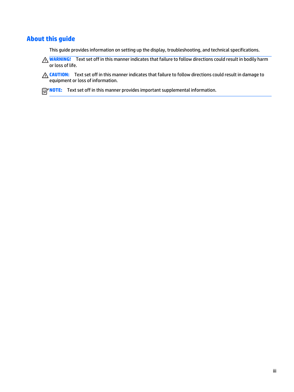 About this guide | HP LD5535 55-inch LED Digital Signage Display User Manual | Page 3 / 106