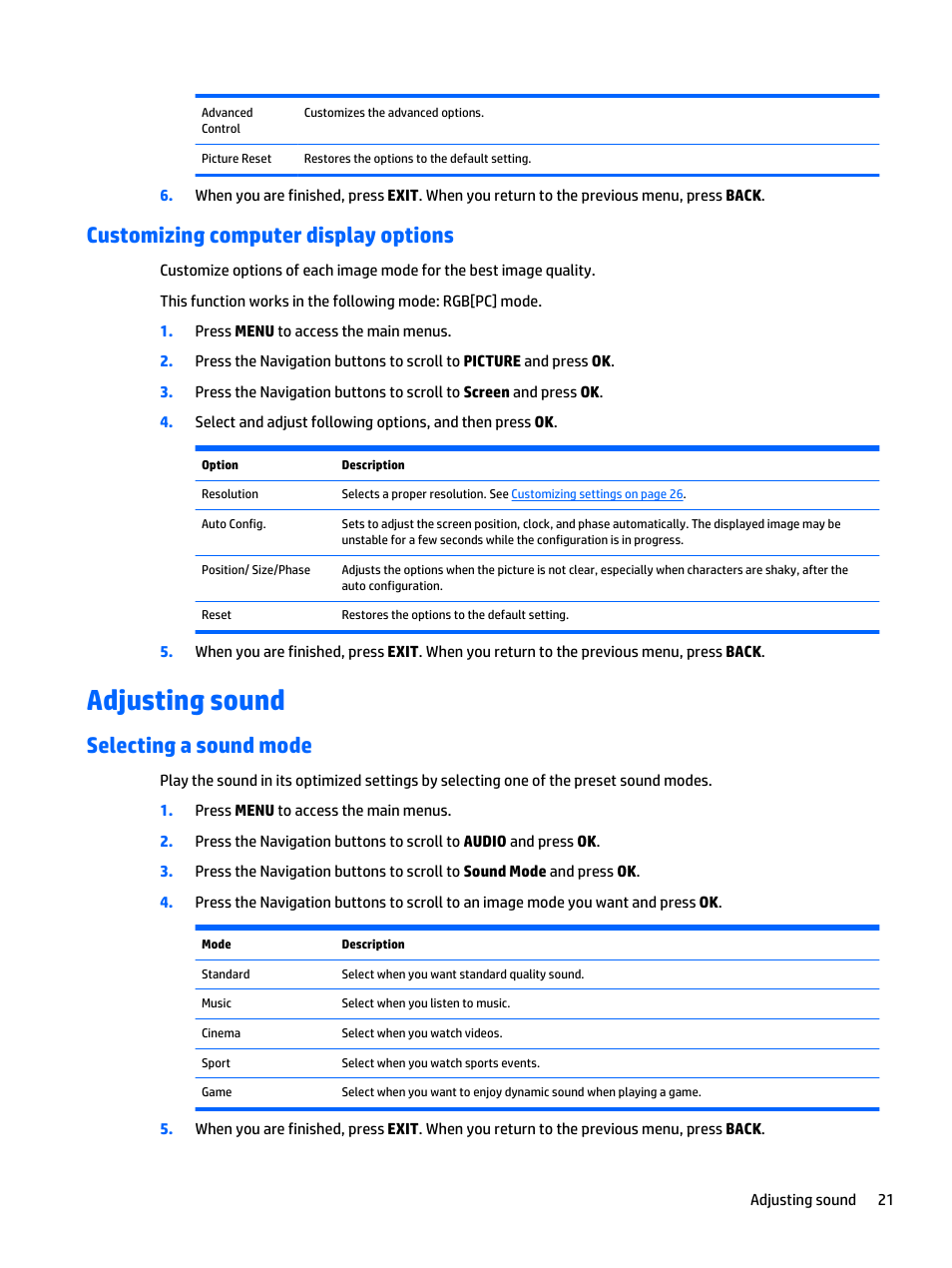 Customizing computer display options, Adjusting sound, Selecting a sound mode | HP LD5535 55-inch LED Digital Signage Display User Manual | Page 31 / 106