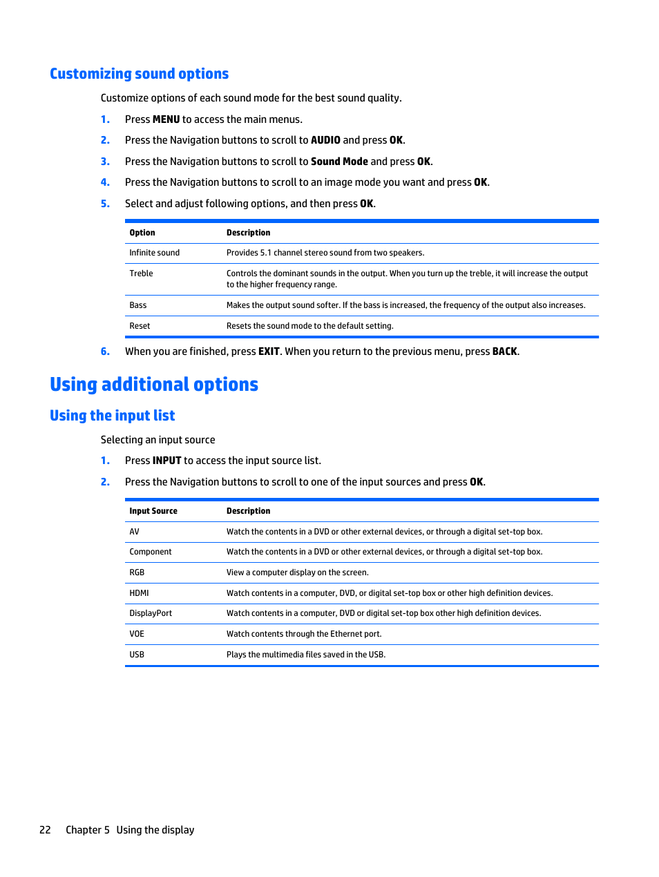 Customizing sound options, Using additional options, Using the input list | HP LD5535 55-inch LED Digital Signage Display User Manual | Page 32 / 106