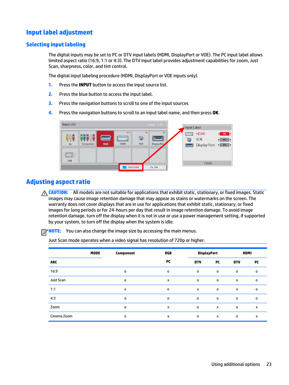 Input label adjustment, Selecting input labeling, Adjusting aspect ratio | HP LD5535 55-inch LED Digital Signage Display User Manual | Page 33 / 106