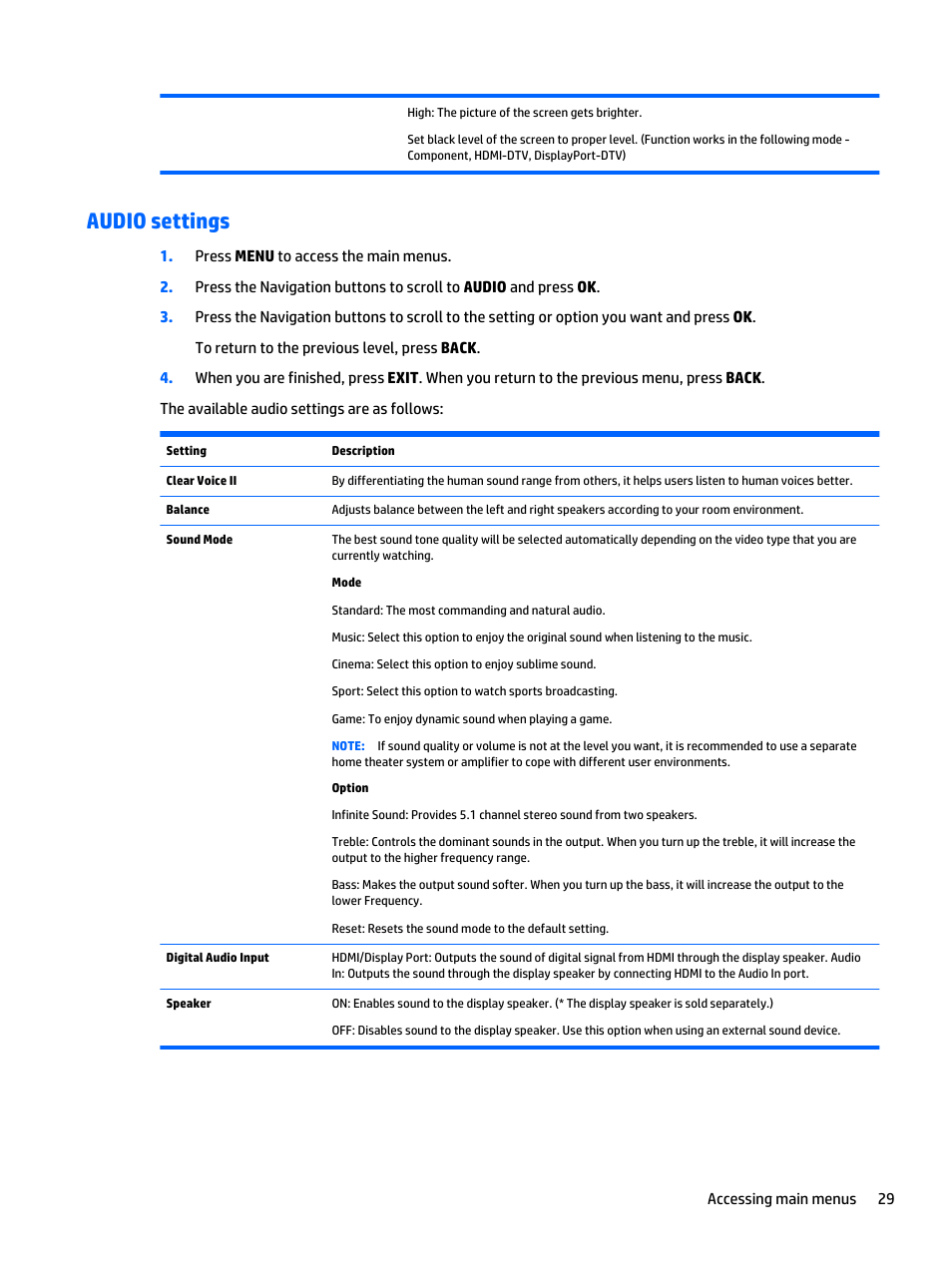 Audio settings | HP LD5535 55-inch LED Digital Signage Display User Manual | Page 39 / 106