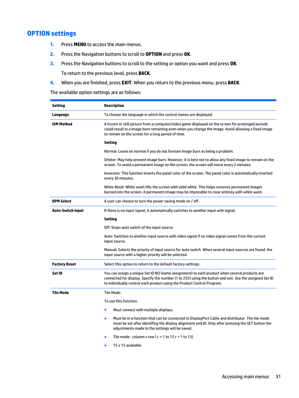 Option settings | HP LD5535 55-inch LED Digital Signage Display User Manual | Page 41 / 106