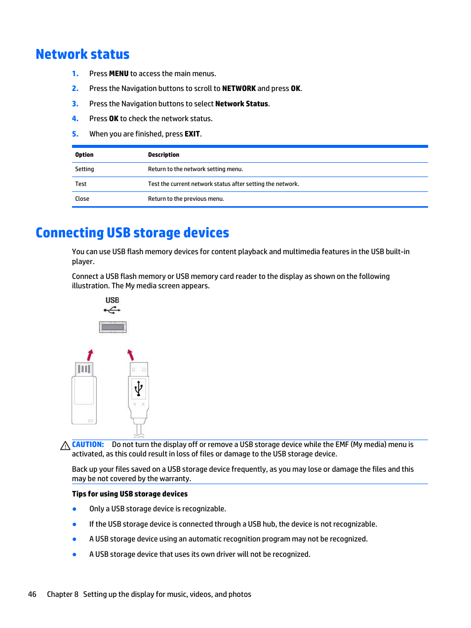 Network status, Connecting usb storage devices, Network status connecting usb storage devices | HP LD5535 55-inch LED Digital Signage Display User Manual | Page 56 / 106
