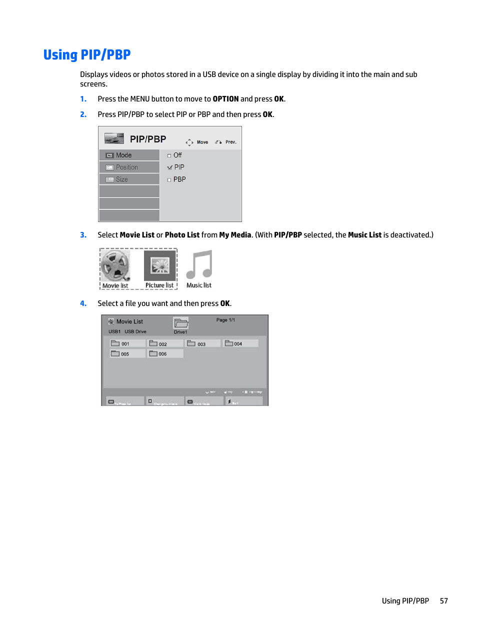 Using pip/pbp | HP LD5535 55-inch LED Digital Signage Display User Manual | Page 67 / 106