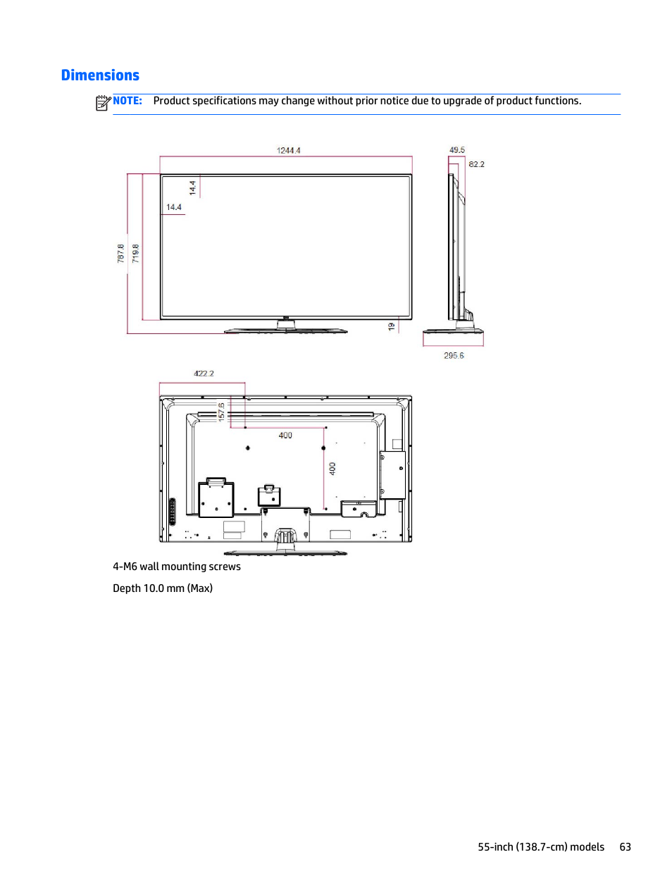 Dimensions | HP LD5535 55-inch LED Digital Signage Display User Manual | Page 73 / 106