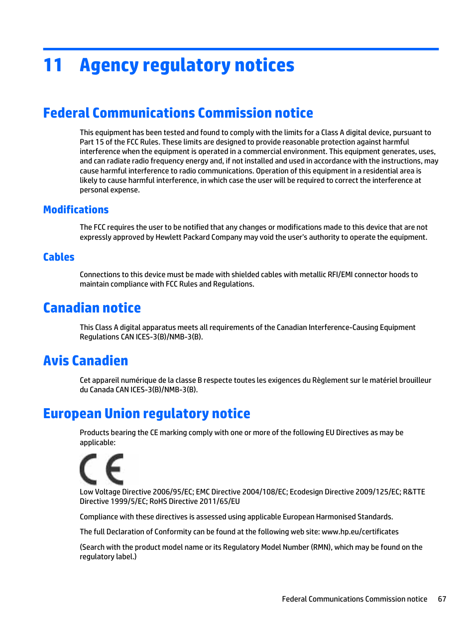 Agency regulatory notices, Federal communications commission notice, Modifications | Cables, Canadian notice, Avis canadien, European union regulatory notice, 11 agency regulatory notices, Modifications cables | HP LD5535 55-inch LED Digital Signage Display User Manual | Page 77 / 106