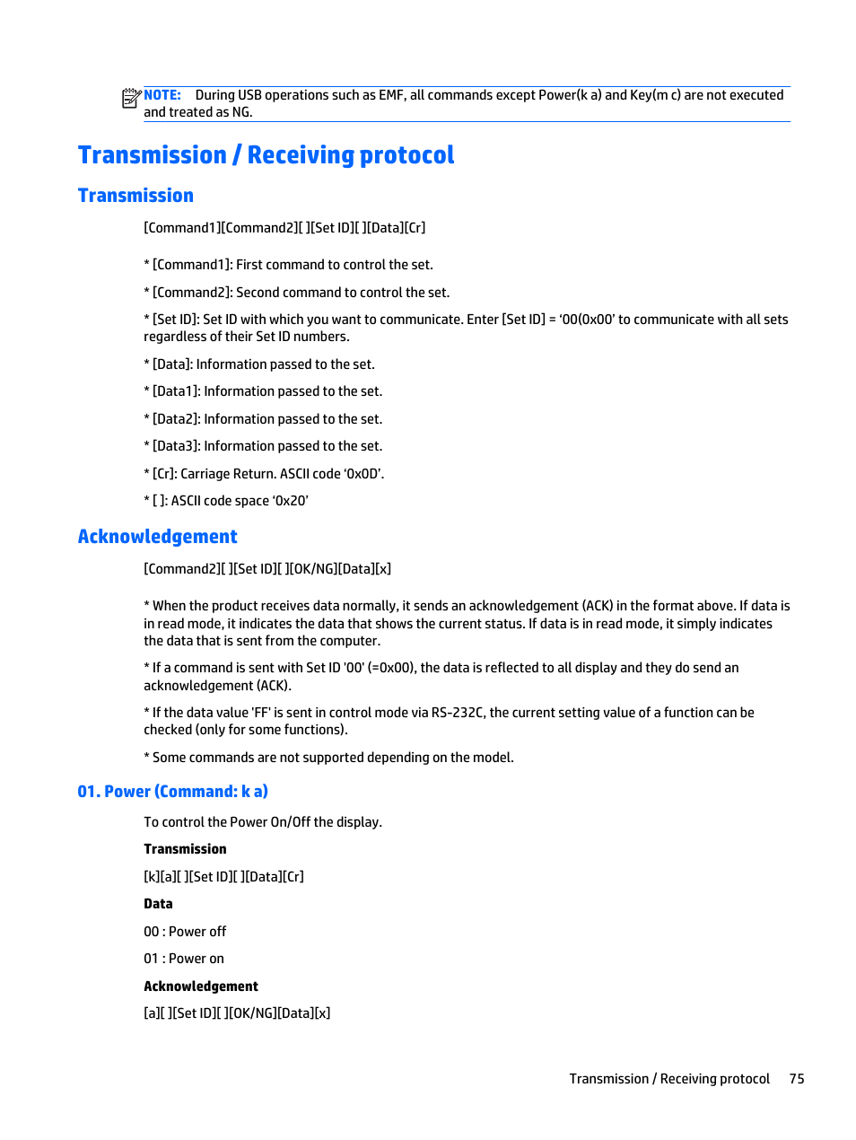 Transmission / receiving protocol, Transmission, Acknowledgement | Power (command: k a), Transmission acknowledgement | HP LD5535 55-inch LED Digital Signage Display User Manual | Page 85 / 106