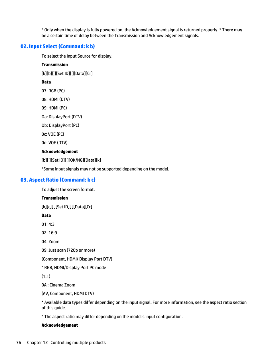 Input select (command: k b), Aspect ratio (command: k c) | HP LD5535 55-inch LED Digital Signage Display User Manual | Page 86 / 106