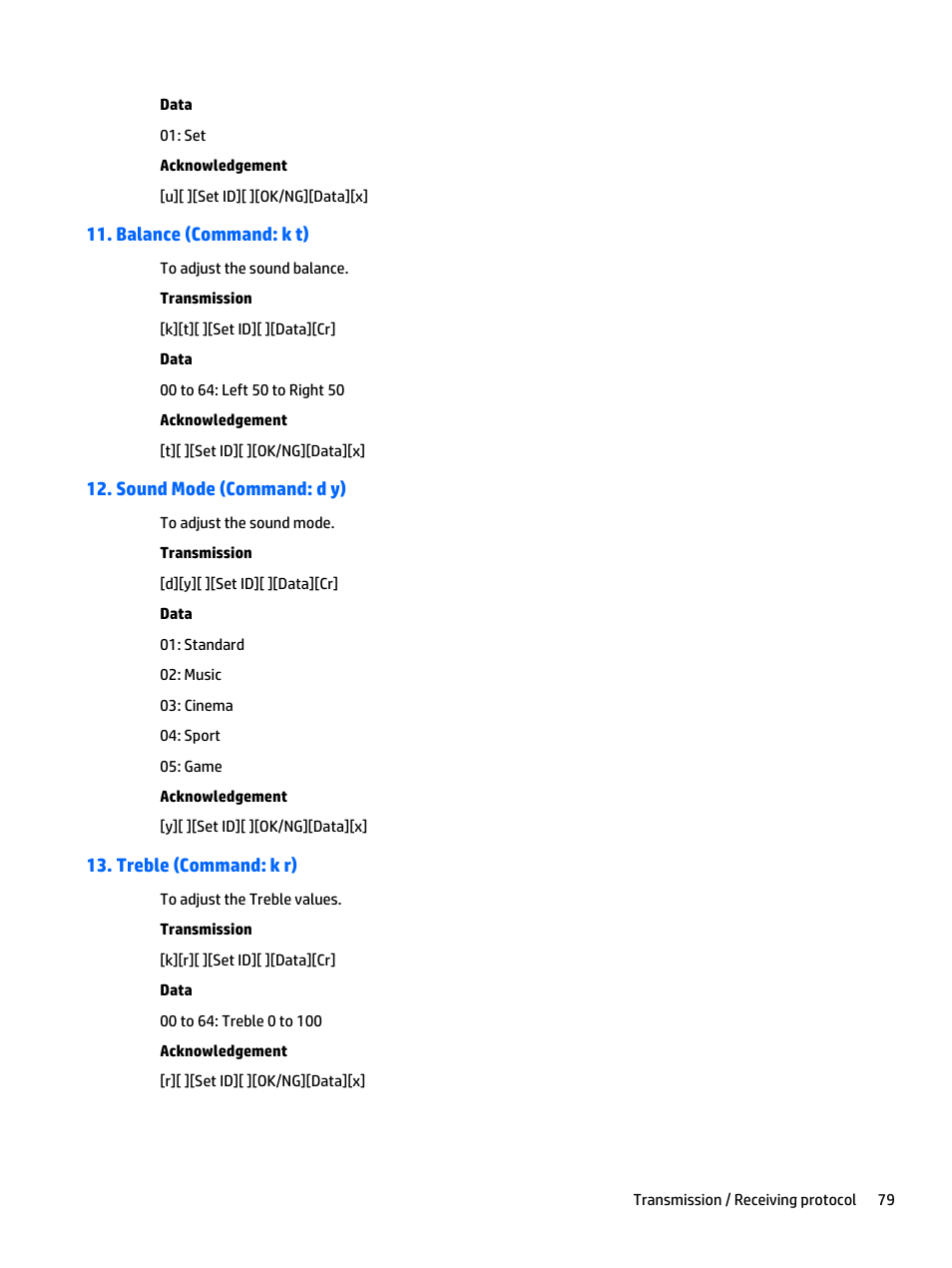 Balance (command: k t), Sound mode (command: d y), Treble (command: k r) | HP LD5535 55-inch LED Digital Signage Display User Manual | Page 89 / 106