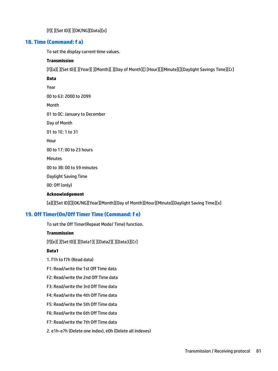 Time (command: f a), Off timer(on/off timer time (command: f e) | HP LD5535 55-inch LED Digital Signage Display User Manual | Page 91 / 106