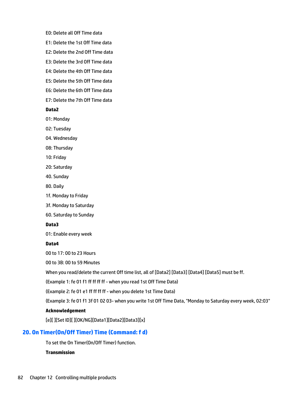 On timer(on/off timer) time (command: f d) | HP LD5535 55-inch LED Digital Signage Display User Manual | Page 92 / 106
