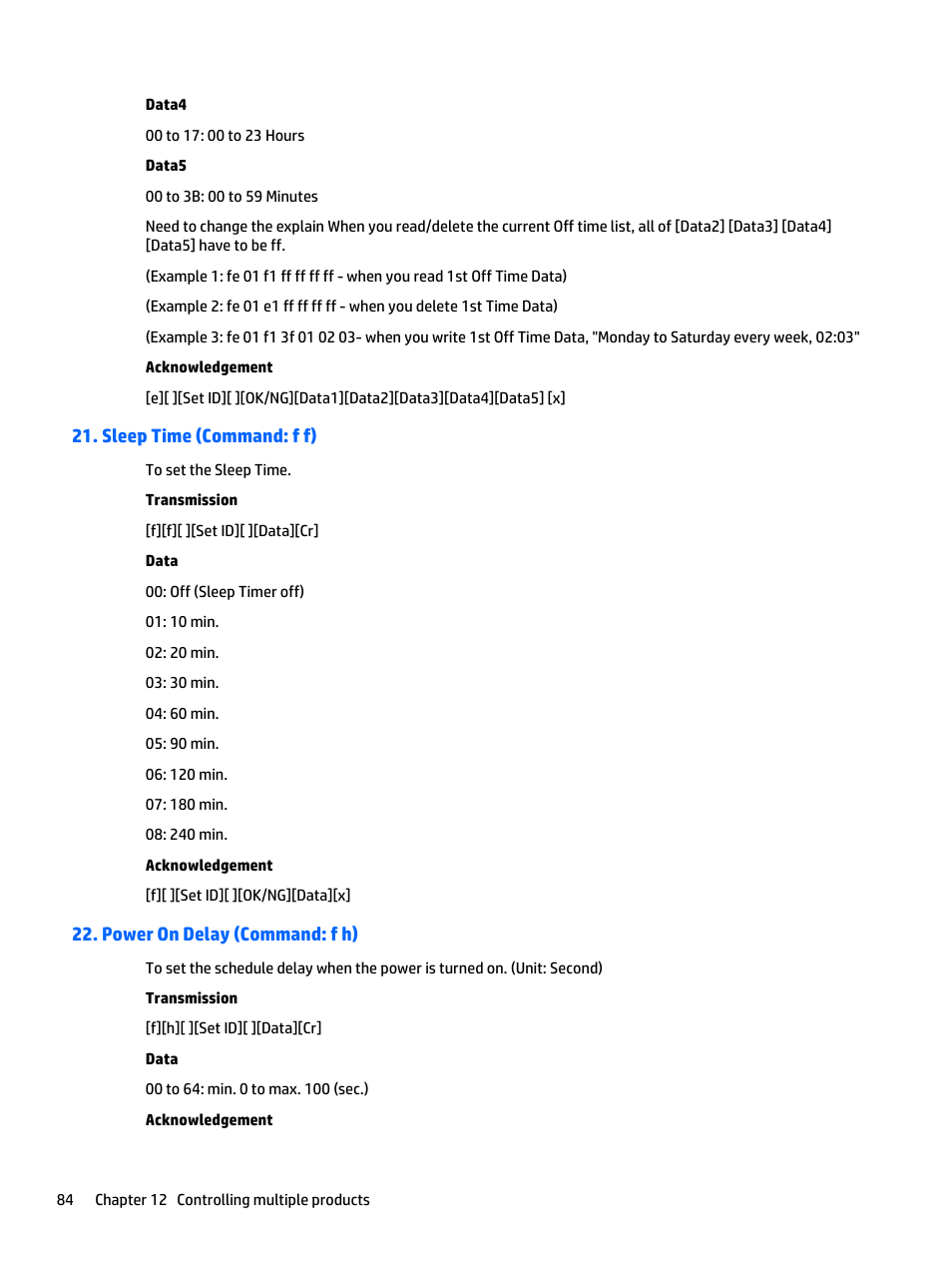 Sleep time (command: f f), Power on delay (command: f h) | HP LD5535 55-inch LED Digital Signage Display User Manual | Page 94 / 106