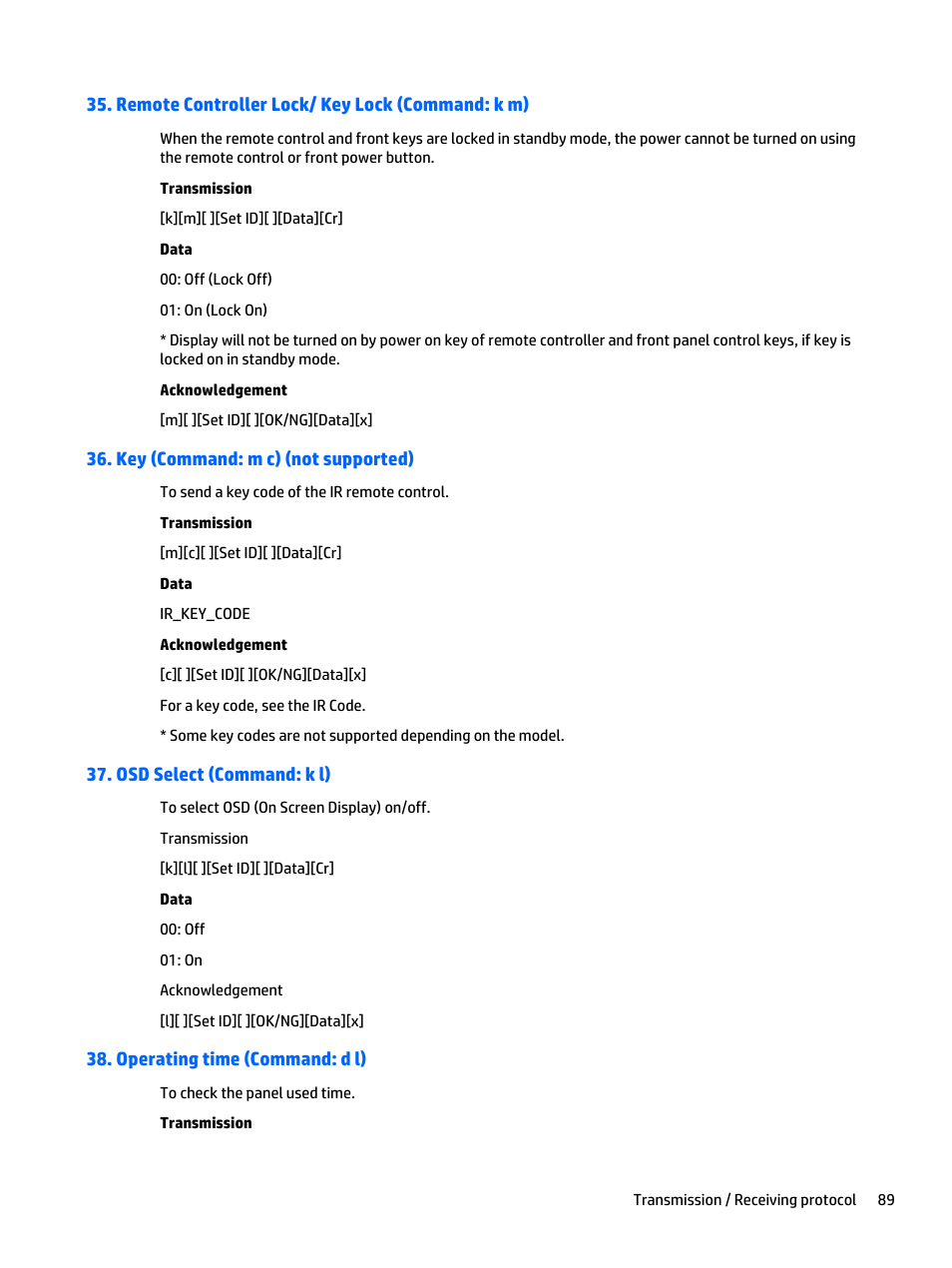 Remote controller lock/ key lock (command: k m), Key (command: m c) (not supported), Osd select (command: k l) | Operating time (command: d l) | HP LD5535 55-inch LED Digital Signage Display User Manual | Page 99 / 106