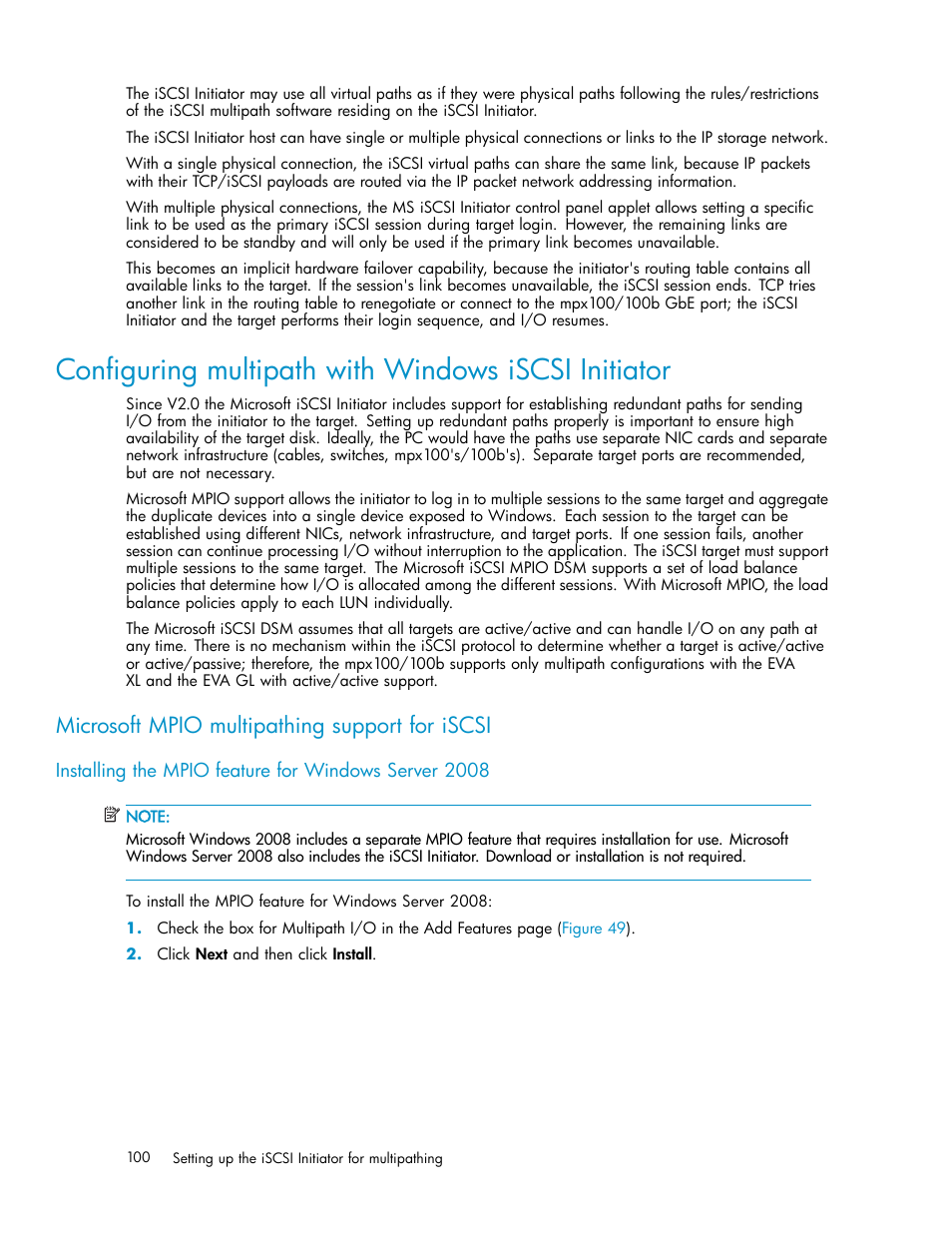Configuring multipath with windows iscsi initiator, Microsoft mpio multipathing support for iscsi | HP EVA Array iSCSI Connectivity Option User Manual | Page 100 / 229
