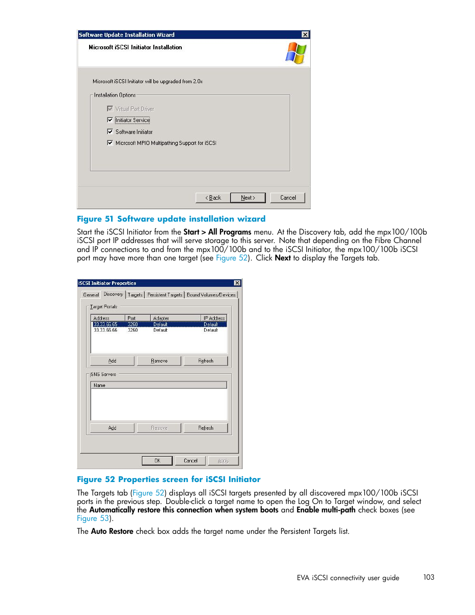 51 software update installation wizard, 52 properties screen for iscsi initiator | HP EVA Array iSCSI Connectivity Option User Manual | Page 103 / 229